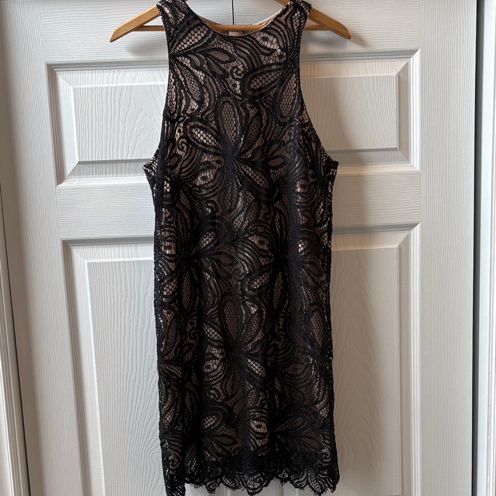 Babaton Black Lace Henry Mini Dress with Nude Underlay EUC